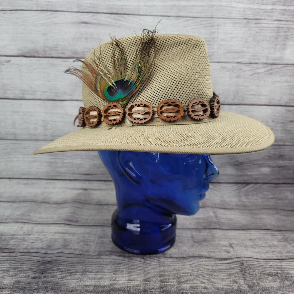 Henschel Hat Co Aussie Safari Sun Hat Khaki Size Medium, Peacock Feather